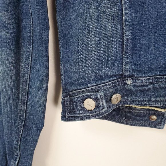 Pilcro Anthropologie Denim Jacket Womens Medium Blue Distressed Letterpress - Picture 7 of 11
